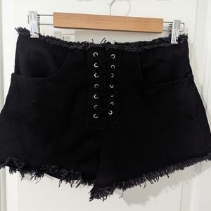 Designer black denim tie front shorts 28 in. Waist